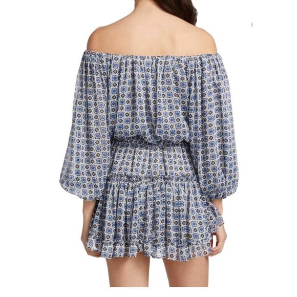 Misa LA Zonia Blue/White Geometric Off-Shoulder Chiffon Mini Dress XS - Picture 2 of 14